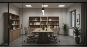 Professional consulting firm office interior with minimal decor, glass walls, Pixlelo.com Variation 98