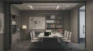 Professional consulting firm office interior with minimal decor, glass walls, Pixlelo.com Variation 99