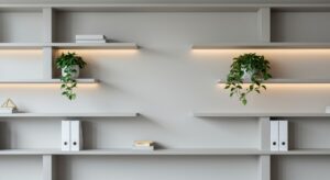 Professional office background with clean shelves, plants, soft lighting, Pixlelo.com Variation 100