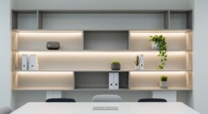Professional office background with clean shelves, plants, soft lighting, Pixlelo.com Variation 34