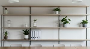 Professional office background with clean shelves, plants, soft lighting, Pixlelo.com Variation 41