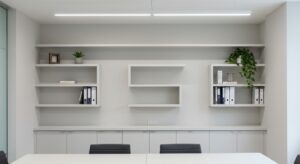 Professional office background with clean shelves, plants, soft lighting, Pixlelo.com Variation 86