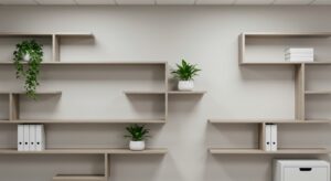 Professional office background with clean shelves, plants, soft lighting, Pixlelo.com Variation 95