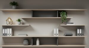 Professional office background with clean shelves, plants, soft lighting, Pixlelo.com Variation 96
