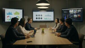 Professional pitch environment with sleek presentation screens, seated teams, an presenting by pixlelo.com Variation 95