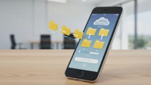 Smartphone syncing files with cloud storage, visible progress bars, folders uploading, clean minimalist design — background office scene by pixlelo.com Variation 48