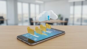 Smartphone syncing files with cloud storage, visible progress bars, folders uploading, clean minimalist design — background office scene by pixlelo.com Variation 87