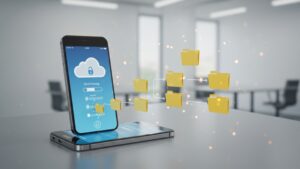 Smartphone syncing files with cloud storage, visible progress bars, folders uploading, clean minimalist design — background office scene by pixlelo.com Variation 89
