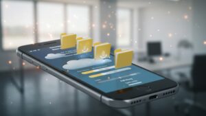 Smartphone syncing files with cloud storage, visible progress bars, folders uploading, clean minimalist design — background office scene by pixlelo.com Variation 93