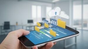 Smartphone syncing files with cloud storage, visible progress bars, folders uploading, clean minimalist design — background office scene by pixlelo.com Variation 95