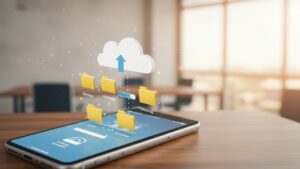 Smartphone syncing files with cloud storage, visible progress bars, folders uploading, clean minimalist design — background office scene by pixlelo.com Variation 98
