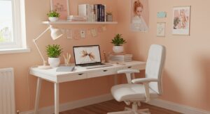 “Stylish home office setup for female entrepreneur with pastel colors, MacBook pixlelo.com Variation 69