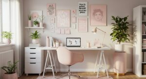 “Stylish home office setup for female entrepreneur with pastel colors, MacBook pixlelo.com Variation 74