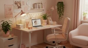 “Stylish home office setup for female entrepreneur with pastel colors, MacBook pixlelo.com Variation 77