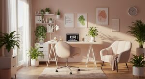 “Stylish home office setup for female entrepreneur with pastel colors, MacBook pixlelo.com Variation 78