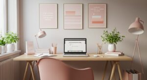“Stylish home office setup for female entrepreneur with pastel colors, MacBook pixlelo.com Variation 86