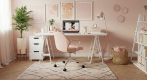 “Stylish home office setup for female entrepreneur with pastel colors, MacBook pixlelo.com Variation 90