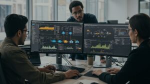 Team working in an office with AWS dashboards, cloud architecture diagrams by Pixlelo.com Variation 100