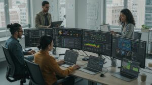 Team working in an office with AWS dashboards, cloud architecture diagrams by Pixlelo.com Variation 79