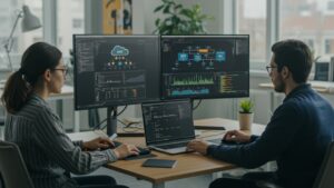 Team working in an office with AWS dashboards, cloud architecture diagrams by Pixlelo.com Variation 80