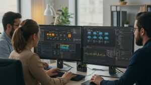 Team working in an office with AWS dashboards, cloud architecture diagrams by Pixlelo.com Variation 86