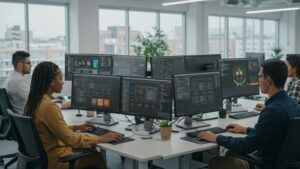 Team working in an office with AWS dashboards, cloud architecture diagrams by Pixlelo.com Variation 94