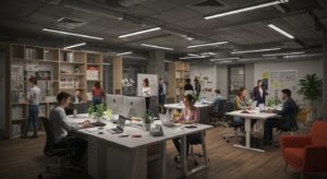 Trendy open plan co working space with diverse young professionals, pixlelo.com Variation 100