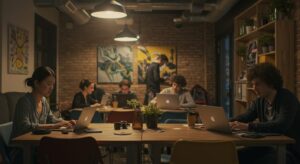Trendy open plan co working space with diverse young professionals, pixlelo.com Variation 88