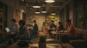 Trendy open plan co working space with diverse young professionals, pixlelo.com Variation 96