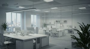 Ultra modern minimalist office with clean white desks, glass walls, pixlelo.com Variation 100