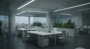 Ultra modern minimalist office with clean white desks, glass walls, pixlelo.com Variation 70