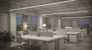 Ultra modern minimalist office with clean white desks, glass walls, pixlelo.com Variation 75
