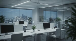 Ultra modern minimalist office with clean white desks, glass walls, pixlelo.com Variation 89