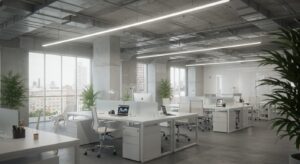 Ultra modern minimalist office with clean white desks, glass walls, pixlelo.com Variation 92