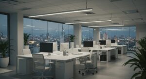 Ultra modern minimalist office with clean white desks, glass walls, pixlelo.com Variation 98