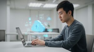 Young developer working at clean desk with floating 3D cloud icons and abstract data visuals above laptop — office scene, no text, soft lighting by pixlelo.com Variation 100
