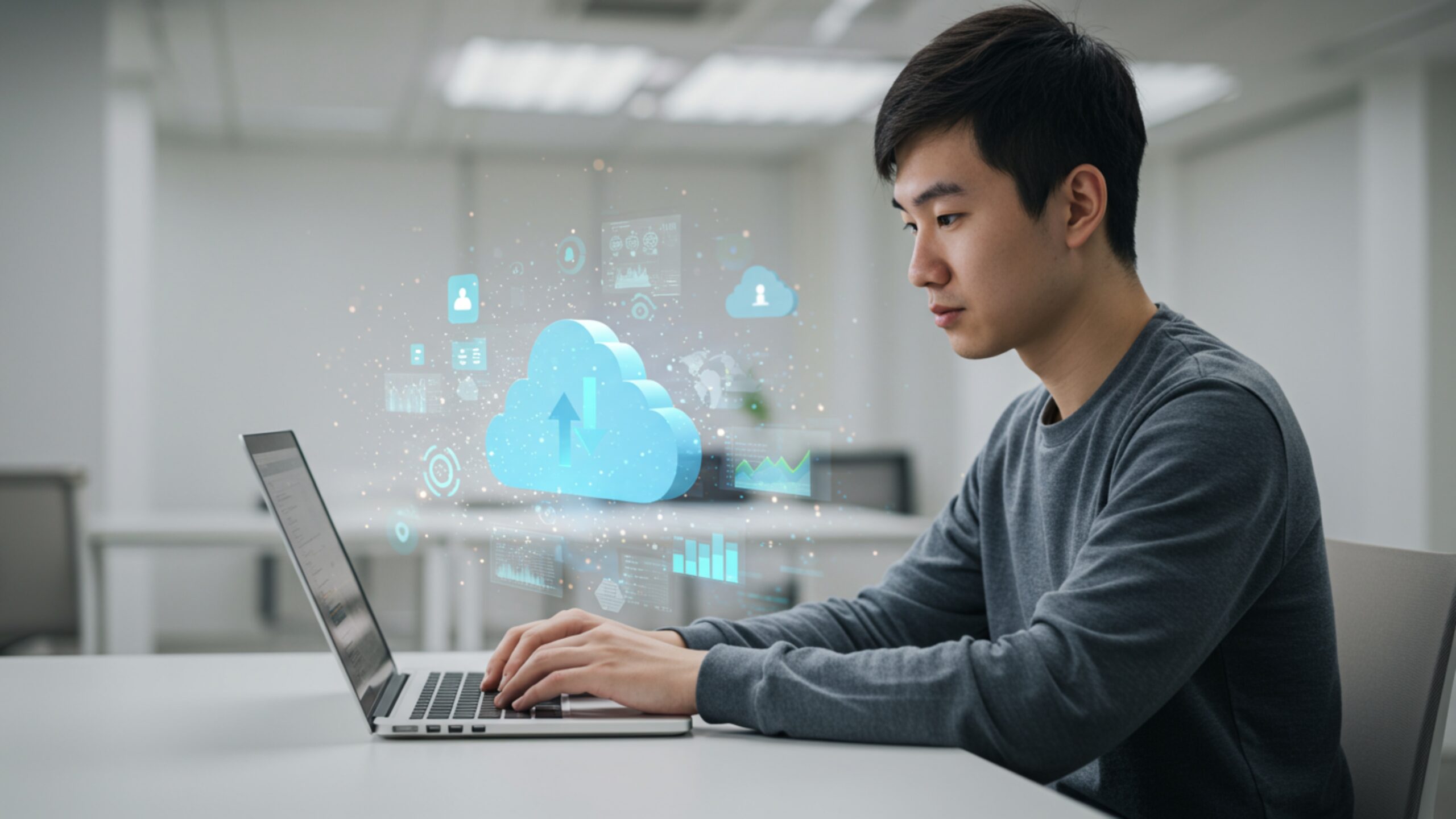 Download Developer at Desk with Laptop and Cloud Elements Around – 100 AI-Generated 4K JPGs (Royalty-Free)