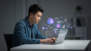 Young developer working at clean desk with floating 3D cloud icons and abstract data visuals above laptop — office scene, no text, soft lighting by pixlelo.com Variation 88