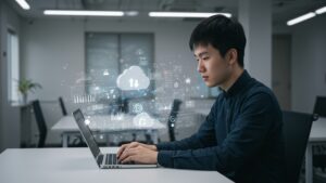 Young developer working at clean desk with floating 3D cloud icons and abstract data visuals above laptop — office scene, no text, soft lighting by pixlelo.com Variation 89