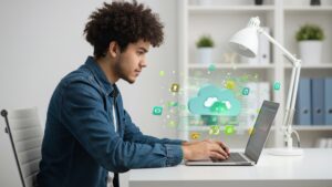 Young developer working at clean desk with floating 3D cloud icons and abstract data visuals above laptop — office scene, no text, soft lighting by pixlelo.com Variation 97