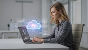 Young developer working at clean desk with floating 3D cloud icons and abstract data visuals above laptop — office scene, no text, soft lighting by pixlelo.com Variation 98