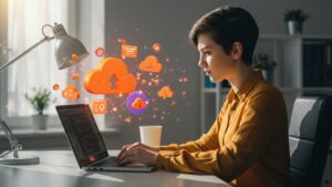 Young developer working at clean desk with floating 3D cloud icons and abstract data visuals above laptop — office scene, no text, soft lighting by pixlelo.com Variation 99