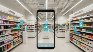 Augmented reality view of AI tagging and identifying retail products in a smart store, clean layout, photorealistic by pixlelo.com Variation 72