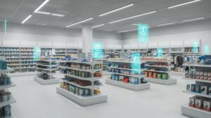 Augmented reality view of AI tagging and identifying retail products in a smart store, clean layout, photorealistic by pixlelo.com Variation 73