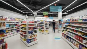 Augmented reality view of AI tagging and identifying retail products in a smart store, clean layout, photorealistic by pixlelo.com Variation 74
