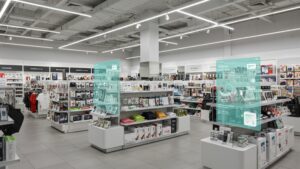 Augmented reality view of AI tagging and identifying retail products in a smart store, clean layout, photorealistic by pixlelo.com Variation 75