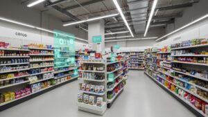 Augmented reality view of AI tagging and identifying retail products in a smart store, clean layout, photorealistic by pixlelo.com Variation 76