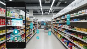 Augmented reality view of AI tagging and identifying retail products in a smart store, clean layout, photorealistic by pixlelo.com Variation 79