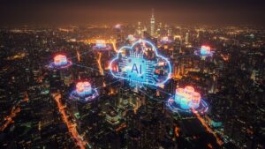 Bird’s eye view of AI cloud architecture visualized as floating data clusters above a city skyline, glowing connection lines by pixlelo.com Variation 29