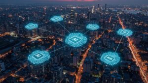 Bird’s eye view of AI cloud architecture visualized as floating data clusters above a city skyline, glowing connection lines by pixlelo.com Variation 31